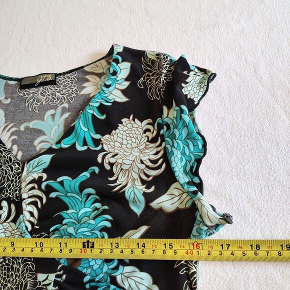 Vtg Y2K Blue Black Floral Print V-Neck Tie Back Whimsi Babydoll Fairy Top Medium - Picture 4 of 7